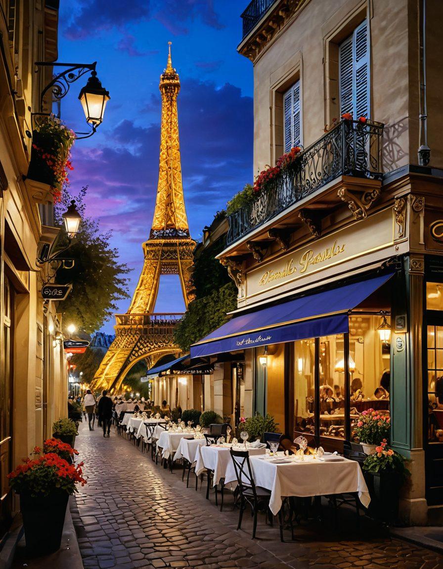 A picturesque Parisian street scene with a charming bistro featuring elegant outdoor seating, adorned with colorful flower pots, and a glimpse of the Eiffel Tower in the background. A blend of vintage architecture and fine dining, showcasing diners relishing exquisite dishes, complemented by soft golden lighting. Romantic atmosphere with a clear twilight sky. painting. vibrant colors.