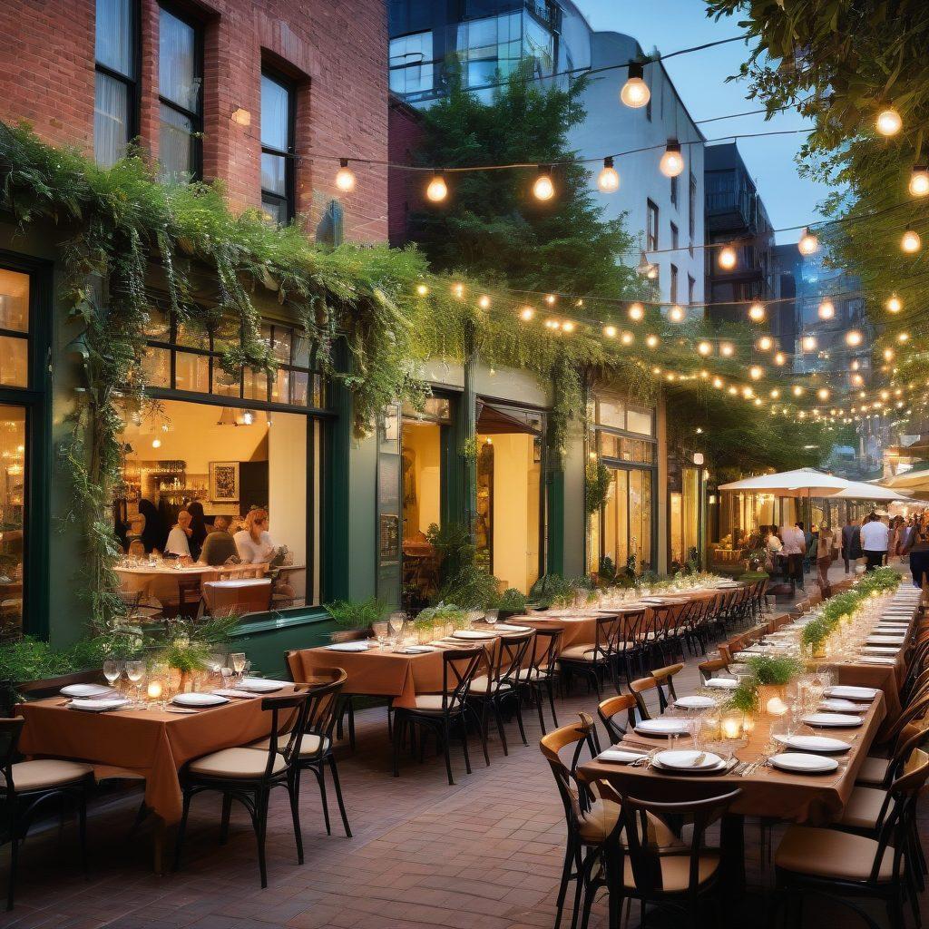 A stylish urban street scene showcasing a sophisticated outdoor dining area filled with gourmet dishes, elegant table settings, and vibrant city life in the background. Include lush greenery, twinkling fairy lights overhead, and people enjoying the chic atmosphere. Capture a sense of indulgence and joy in the culinary experience. super-realistic. vibrant colors. urban setting.