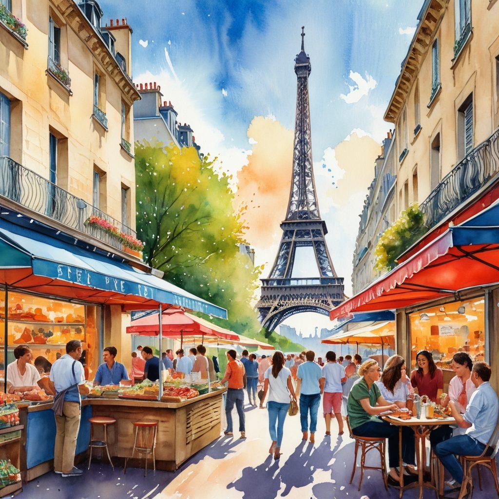 A vibrant street scene in Paris, featuring joyful explorers savoring delicious street food, with iconic landmarks like the Eiffel Tower and charming cafes in the background. Include colorful food stalls and happy people of diverse backgrounds enjoying their meals, all under a bright blue sky. The atmosphere should radiate excitement and joy of culinary adventures. watercolor painting style. soft pastel colors.